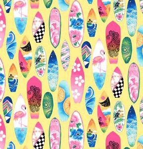 Fabric Traditions Surfboards on Yellow Novelty Cotton Fabric
