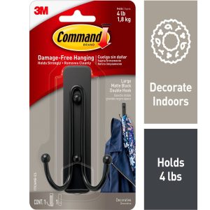 Command 4lbs Matte Black Large Decorative Double Hook   Strip - 1