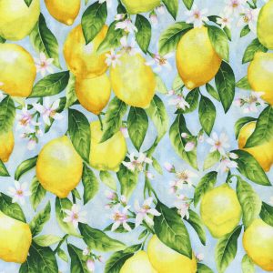 Hi Fashion Lemons And Floral On Light Blue Premium Print Cotton Fabric - 1