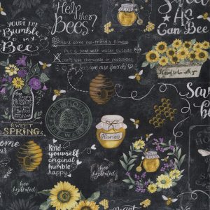 Hi Fashion Spring Bee Words on Black Premium Cotton Fabric - 1
