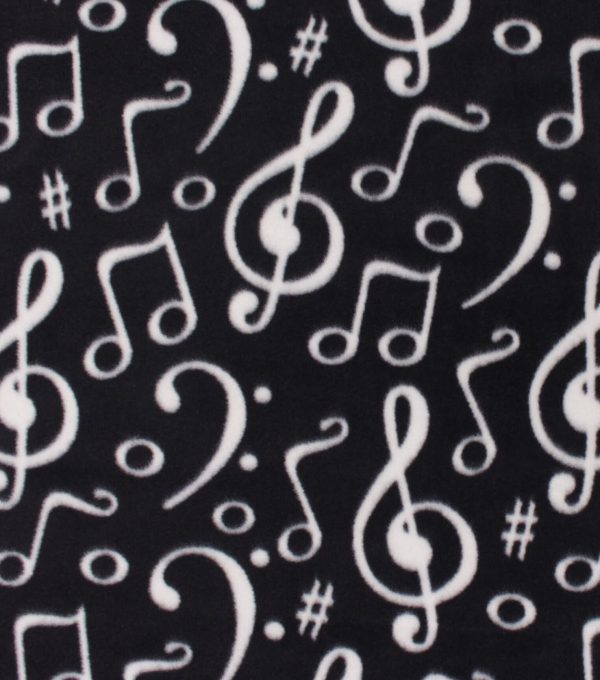 Music Notes on Black Anti Pill Fleece Fabric - Image 2