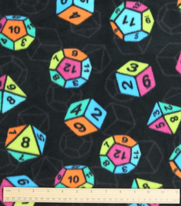 Neon Dice on Black Anti Pill Fleece Fabric - Image 3